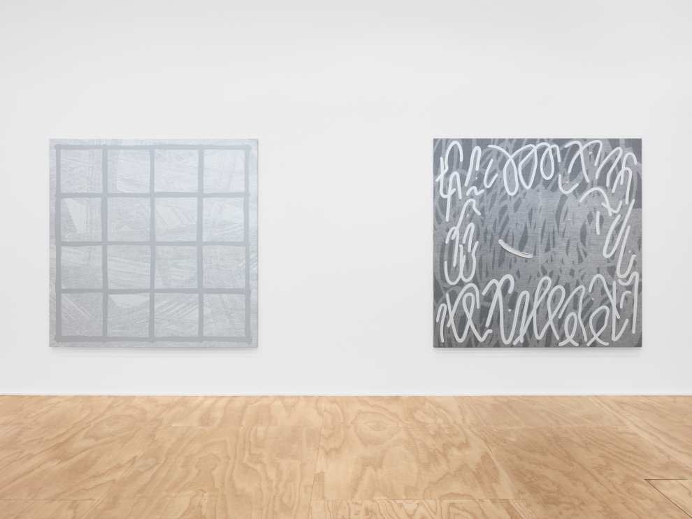 Installation view of two Amy Feldman paintings 