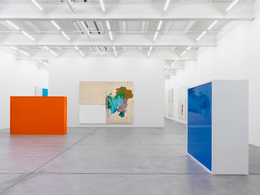 Installation view of Joe Bradley painting and sculpture exhibition