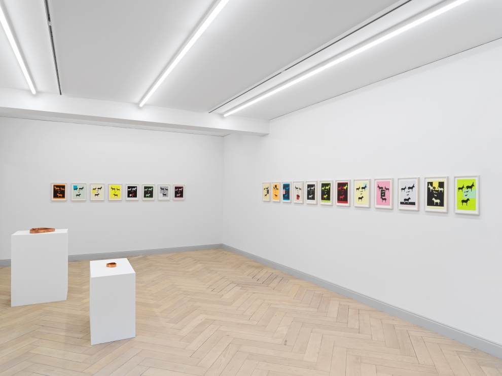 Installation view of Valentin Carron collage and sculpture exhibition